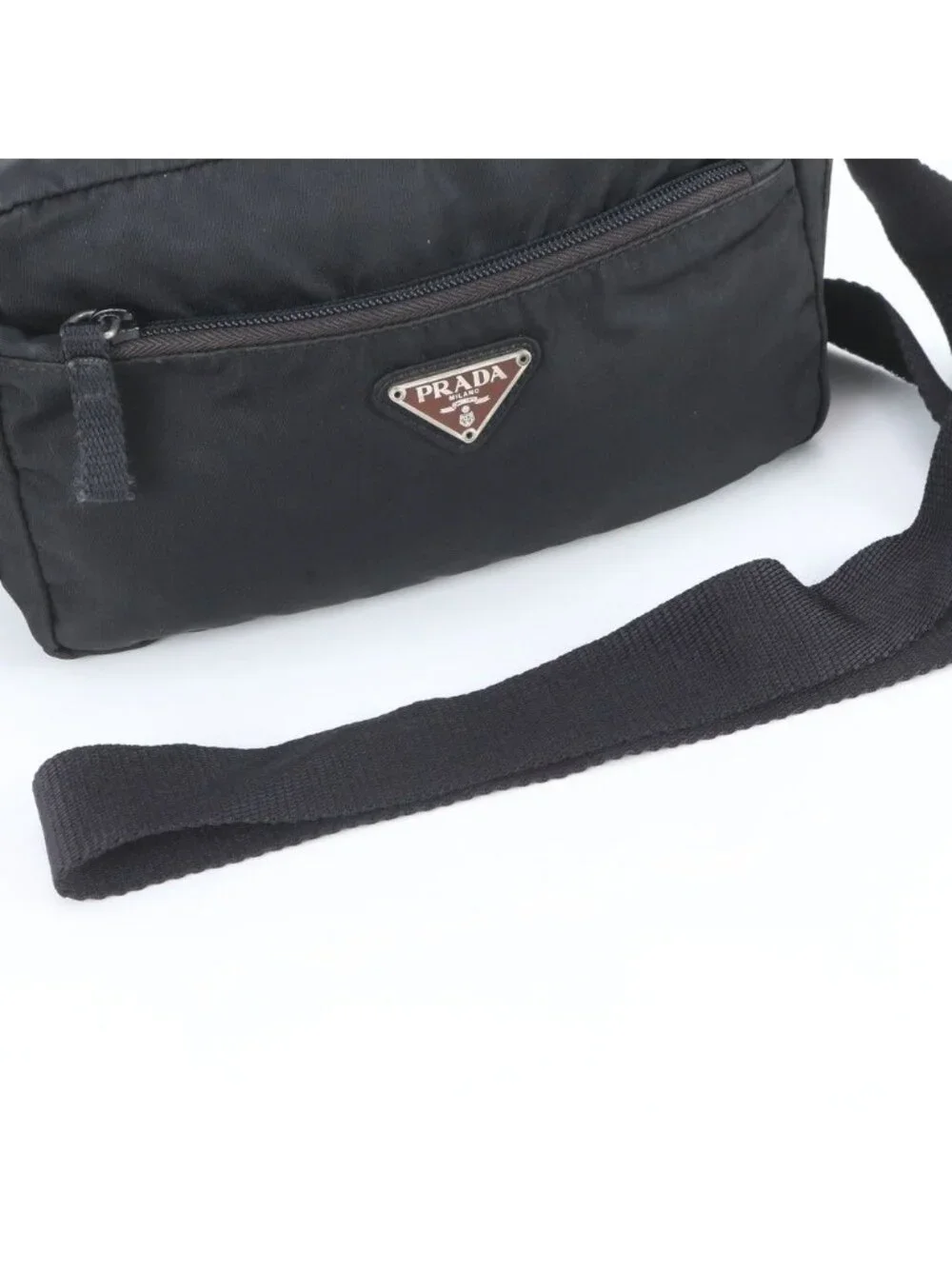 Prada Tessuto Nylon Triangle Logo Leather Shoulder Bag Crossbody Black